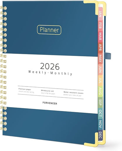 Forvencer 2026 Planner, Hardcover Calendar Planner Weekly and Monthly, Jan 2026 - Dec 2026, 6" x 8", Spiral Agenda Book with Tabs, Exquisite Daily Journal Organizer for Home School, Navy Blue