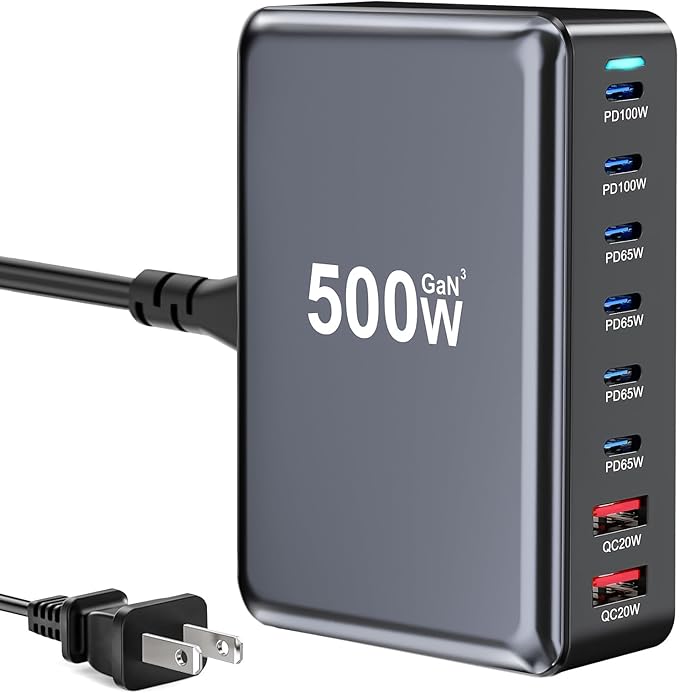 500W USB C Fast Charger Block, 8 Port USB Charging Station, GaN Ⅲ Pro Double 100W PD PPS Port Fast Charging Station for Multiple Devices,Laptop Wall Charger Compatible with MacBook, iPhone 17,iPad etc