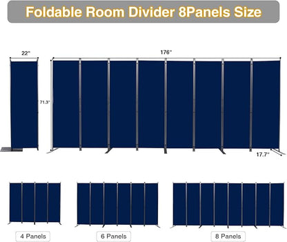 CHOSENM Room Divider, 8 Panel Folding Privacy Screens with Wider Support Feet, 6 Ft Portable Room Partition for Room Separator, 176" W X 71" H, Navy Blue