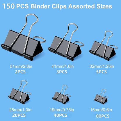 150 PCS Binder Clips Assorted Sizes, Extra Large Medium Small Mini and Micro, Metal Paper Binder Clip Black,Paper Clamps, 6 Sizes for Office, School and Home