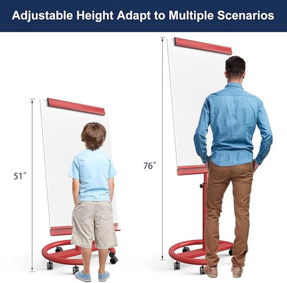 TSJ OFFICE Rolling Whiteboard Standing - 40 x 26 Inches Magnetic Mobile White Board with Stand, Height Adjustable Dry Erase Board on Wheels with Paper Clamp on Top, Red