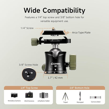 Cayer CH35 Travel Camera Tripod with Ball Head, Compact Carbon Fiber Tripod, 53.6" Compact Camera Stand，Max Load 17.6lbs for Mirrorless Cameras Video Camcorder Mobile Phone Webcam