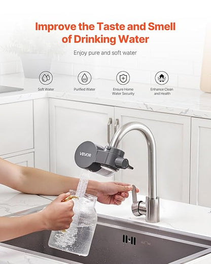 VEVOR Faucet Mount Water Filter, Horizontal Water Purifier for Sink Tap, NSF Certified Carbon Fiber Filter, Removes Chlorine Lead with 3 Filters, Fits Most Kitchen or Bathroom Faucets, Gray