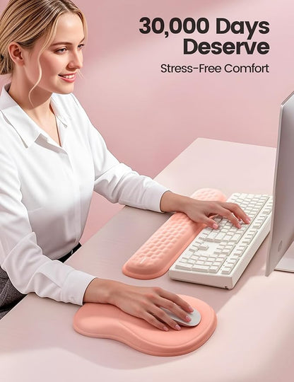 Meatanty Keyboard and Mouse Wrist Rest Set, Ergonomic Wrist Pad Support, Computer Hand Palm Rest Combo, Memory Foam Typing Desk Accessory Carpal Tunnel Cushion, Laptop Office Home School Women-Pink