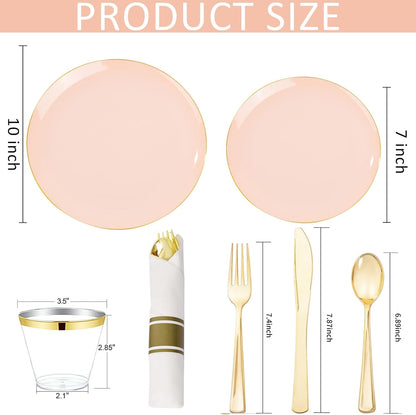 KIRE 175PCS Pink Plates Disposable - Heavy Duty Pink and Gold Plastic Plates Dinnerware Sets - 25 for Dinner 25 for Dessert 25 Pre Rolled Napkins 25Cups for Birthday Party/Wedding