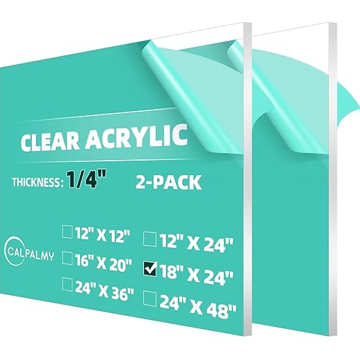 CALPALMY (2 Pack) 1/4" Thick Clear Acrylic Sheets - 18 x 24 Pre-Cut Plexiglass Sheets for Craft Projects, Signs, Display Cases, Sneeze Guard and More - Cut with Engraver, Power Saw or Hand Tools