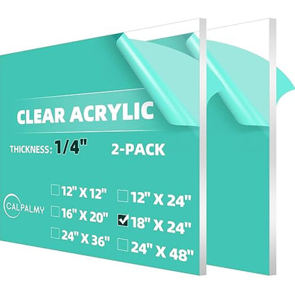 CALPALMY (2 Pack) 1/4" Thick Clear Acrylic Sheets - 18 x 24 Pre-Cut Plexiglass Sheets for Craft Projects, Signs, Display Cases, Sneeze Guard and More - Cut with Engraver, Power Saw or Hand Tools