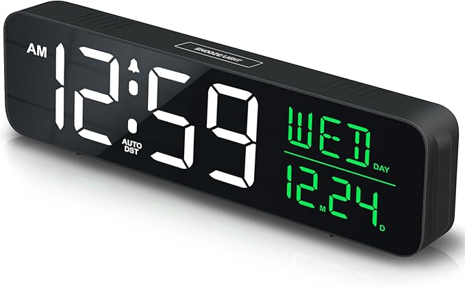 Peakeep Large Display Digital Alarm Clock for Bedrooms, Date Day of Week Calendar Desk Table Clocks for Living Room Office, Dimmable Plug in Electric Clock, 5 Volumes, Loud, Auto DST