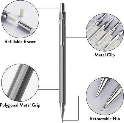 4PCS Metal Mechanical Pencil Set, 0.7mm Medium Point Pack with Storage Case | 480 Leads, 3 Erasers+9 Refills, For School Writing, Sketching, Art Drawing & Professional Drafting