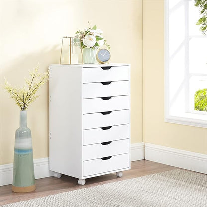 Naomi Home Debbie 7-Drawer Craft & Office Storage Cabinet, White – Rolling File Cabinet with Wheels, Chic Design for Supplies & Folders, 15.7" D x 18.9" W x 34.2" H