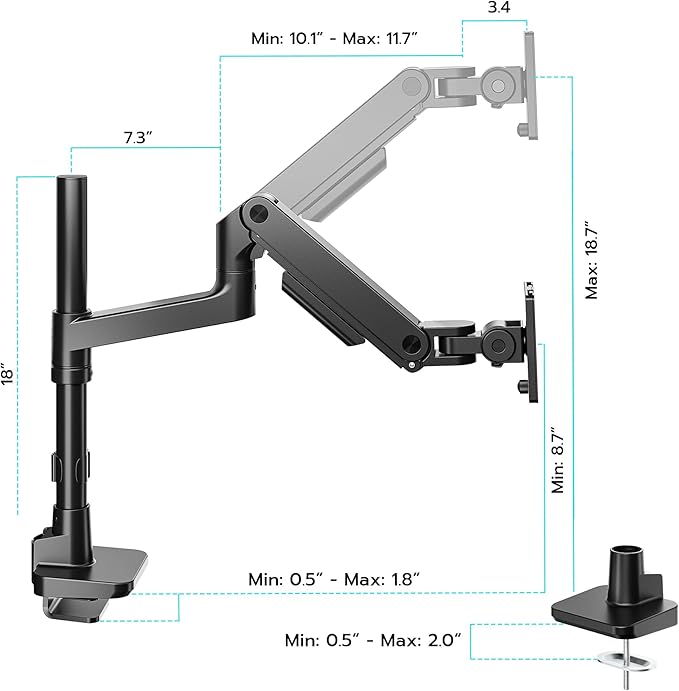 ARES WING Single Monitor Arm Desk Mount for 17-49 Inch Ultrawide Monitors, Heavy Duty Single Monitor Arm Holds 44 lbs, Full Motion Gas Spring Vertical Desk Mount, 75/100 VESA Mount, Black