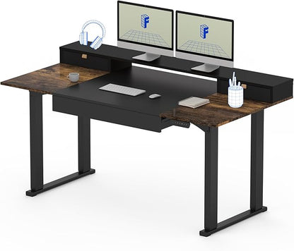 FLEXISPOT 63x32 in 4-Leg Standing Desk with Storage Electric Adjustable Height with 3 Drawers & Shelving Home Office Workstation (Black + Special Walnut Top)
