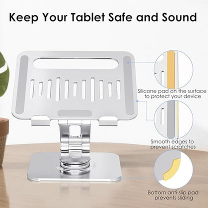 Gorablix Tablet Stand for Desk, 360° Swivel for iPad Holder, Aluminum Adjustable Tablet Holder, Compatible for iPad Pro Air Mini Surface Pro Samsung Galaxy Tabs Kindle, 4-12.9 inch, Silver