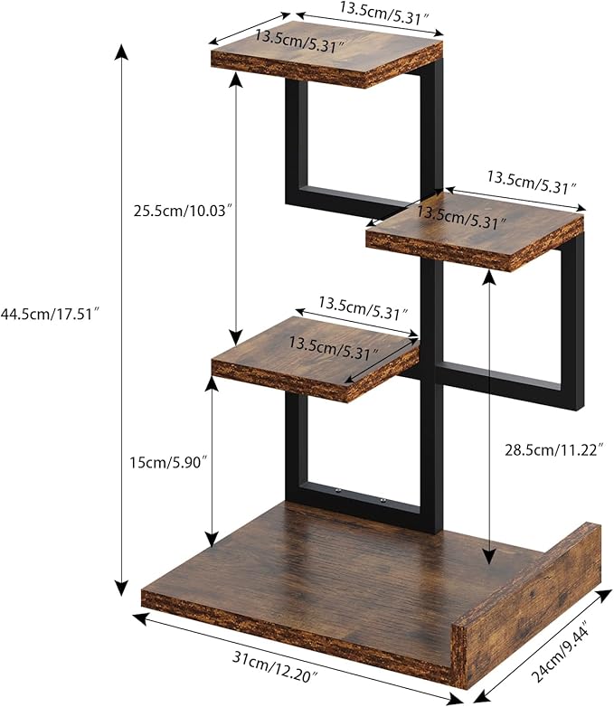 YMYNY Desktop Shelf Organizer, 4 Tier Storage Display Rack, Desk Shelf Organizer Small Bookshelf with Metal Frame for Office, Books, Plants, 12.2" x 9.45" x 17.52", Rustic Brown Black UHSR007H