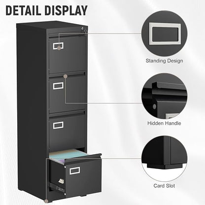 4 Drawer File Cabinet with Lock, High-Capacity Vertical Metal Filing Cabinet for Home Office, Heavy Duty Locking Steel Storage for A4/Letter/Legal Size, Black, 17.7" D x 14.6" W x 52.6" H