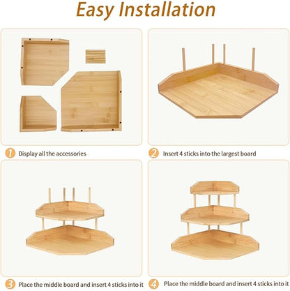 HYNAWIN Bamboo Corner Desk Organizer Shelf, 3-Tier Triangle Storage Rack for Office & Home, Space-Saving Desktop Shelf for Books, Stationery, Makeup, Small Items