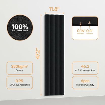 Tao.space 6 Pack Acoustic Panels 3D Wave Sound Proof Foam for Walls, 47.2"x11.8" Self-Adhesive Sound Absorbing Panels for Noise Reduction in Home Office & Studio, Decorative Wall Tiles (Black)