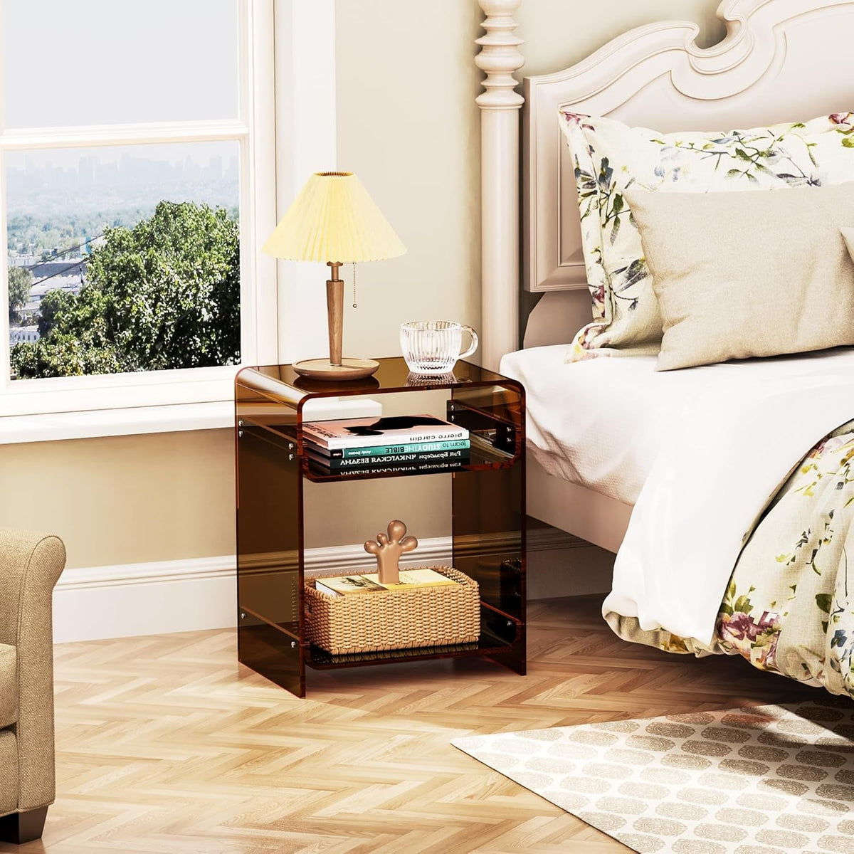 Acrylic End Table Record Player Table with Storage Shelf Clear Side Table Nightstand (Dark Brown)