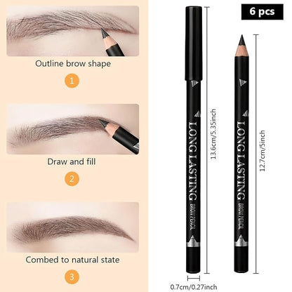 6Pcs Eyebrow Pencils for Women, Wooden Hard-Core Eyebrow Pencil, Eyebrow and Eyeliner Pencils, Waterproof and Sweat-Proof (3Pcs Dark brown+2Pcs medium brown+1Pcs Black)