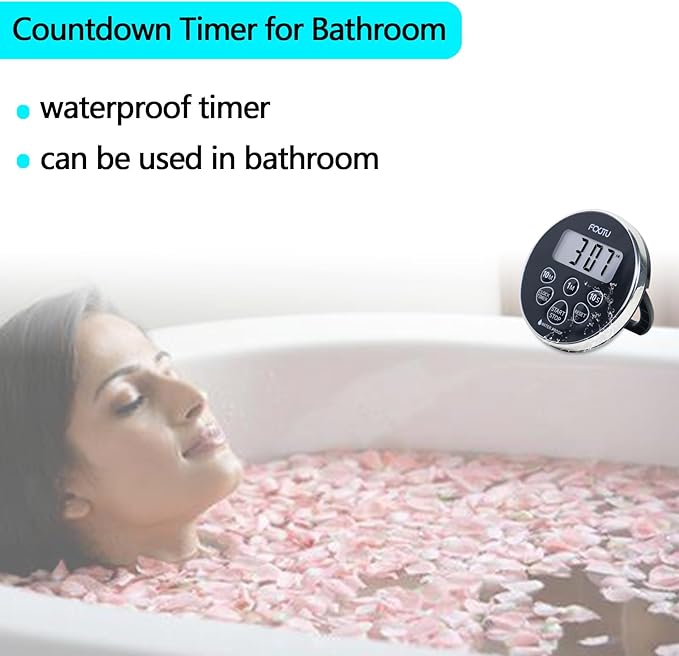 FCXJTU Digital Waterproof Shower Clock Timer, Bathroom Shower Countdown Timer for Kitchen Cooking with Alarm, Magnetic Back, Stand Silver Black
