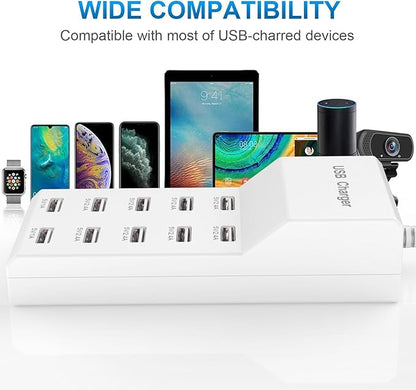 QIONMAR USB Wall Charger USB Charging Station for Multiple Devices USB Charger 10-Ports Power Hub Strip Smart Plug Charging Dock Charge Block Compatible with iPhone 15,iPod,Galaxy S Smart Phones
