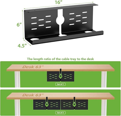 KEEGH 16" Under Desk Cable Management Tray, 2 Pack Desk Cord Organizer Upgrade Capacity, Drill Free Clamp/Screw Mount, Sturdy Metal Tray for Connect Cables, Home, Office, Black