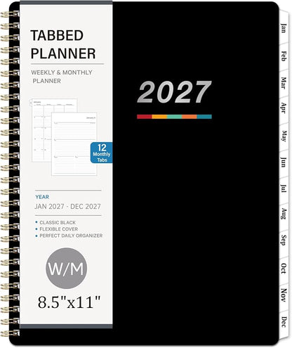 2027 Weekly and Monthly Planner Calendar, January 2027 - December 2027 | 8.5" x 11", Planner 2027 with Monthly Tabs, Spiral Binding, Thick Paper, Storage Pocket - Classic Black