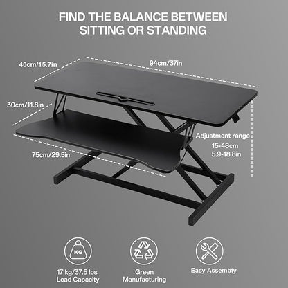 37 Inch Standing Desk Converter - Manual Pneumatic Spring, Two Monitor Stable Standing Desk Converter, 5.9" to 18.8" Height Adjustable Laptop Workstation with Keyboard Tray for Home, Company(Black)