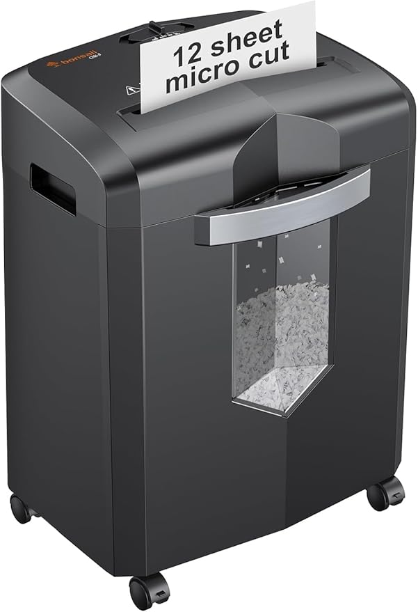 Bonsaii 12-Sheet Micro Cut Shredder, P-4 Security Level, Shreds Paper, CD, Credit Card, Mail, Staple & Clip - 60 Min Continuous Use, Jam-Proof System, 4.2 Gal Pullout Bin