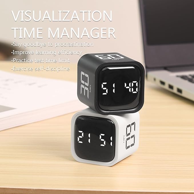 Digital Cube Pomodoro Timer Desk Rechargeable Productivity Timer 5/10/30/60min & Custom Countdown, Vibration & Adjustable Sound Alarm,for Task Work Kitchen ADHD Kids Studying (White)