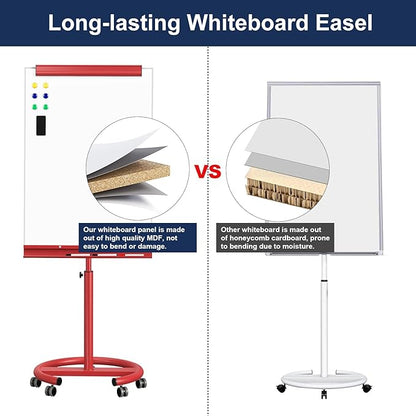 TSJ OFFICE Rolling Whiteboard Standing - 40 x 26 Inches Magnetic Mobile White Board with Stand, Height Adjustable Dry Erase Board on Wheels with Paper Clamp on Top, Red