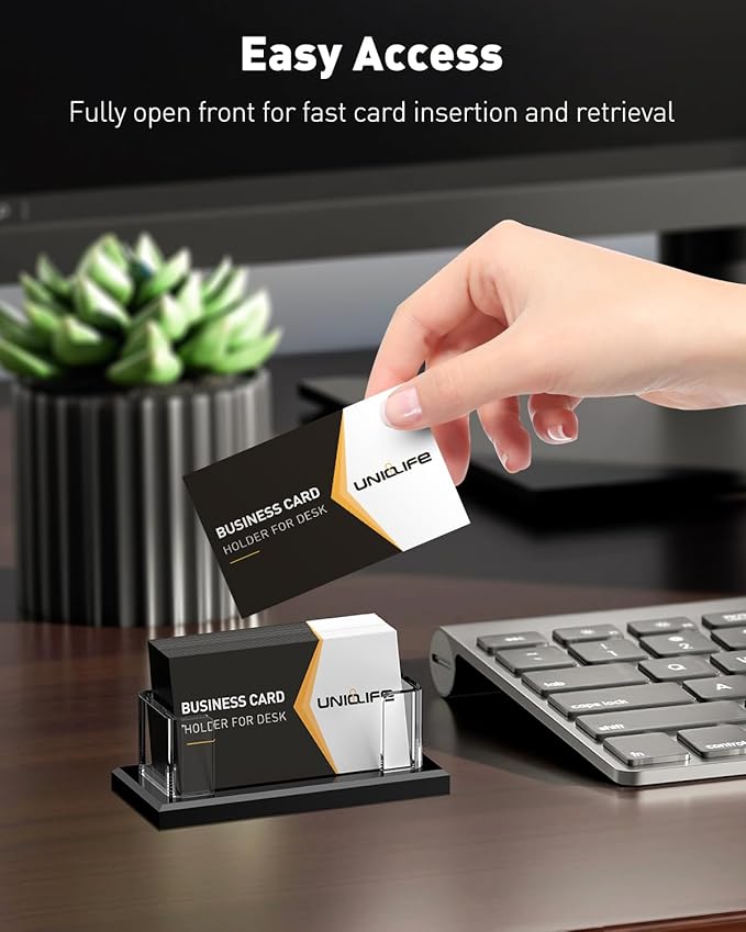 Uniclife 2 Pack Acrylic Business Card Holder for Desk 1 Slot Clear Horizontal Business Card Stand for Men & Women Desktop Name Card Display Stand Card Organizer for Office Exhibition, 60 Card Capacity
