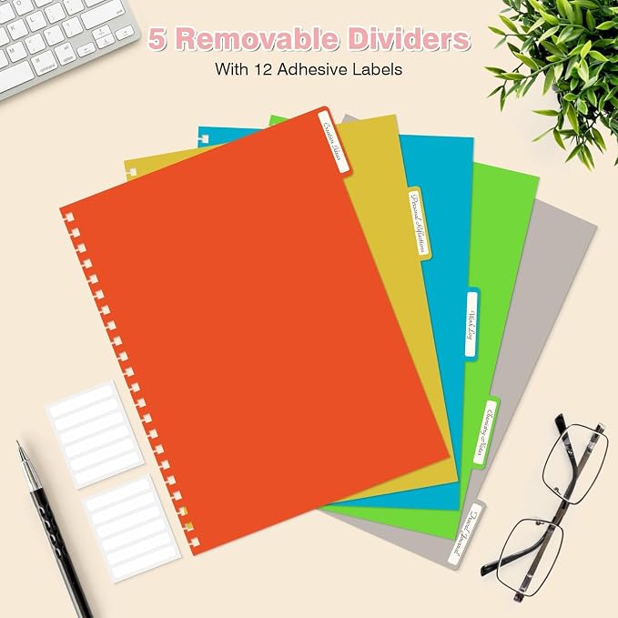 5 Subject Notebooks College Ruled, Lined Notebook with Removable Dividers | 300 Pages 100GSM Thick Spiral Writing Journal for Women & Men, Small A5 Spiral Notebooks for Work, School Supplies, 6" x 8"