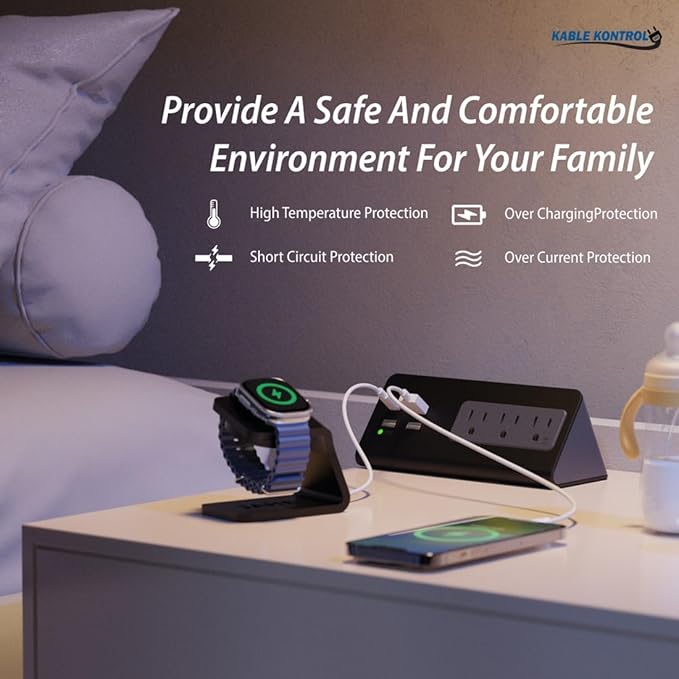 Kable Kontrol Desk Clamp Power Strip with USB-C Port, Nightstand Charging Station, 3 AC Outlets, 3 USB-A Ports, Fast Charger, Easy Installation for Home, Offices, Hotels – 4.9 Ft, White, 100 Pcs