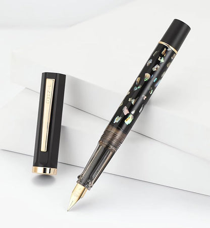 Jinhao 58 Fountain Pen - Natural Sea Shell Inlay Fine Nib Writing Pen with 3.4mm Ink Converter & Silver Metal Gift Box,Matte Black