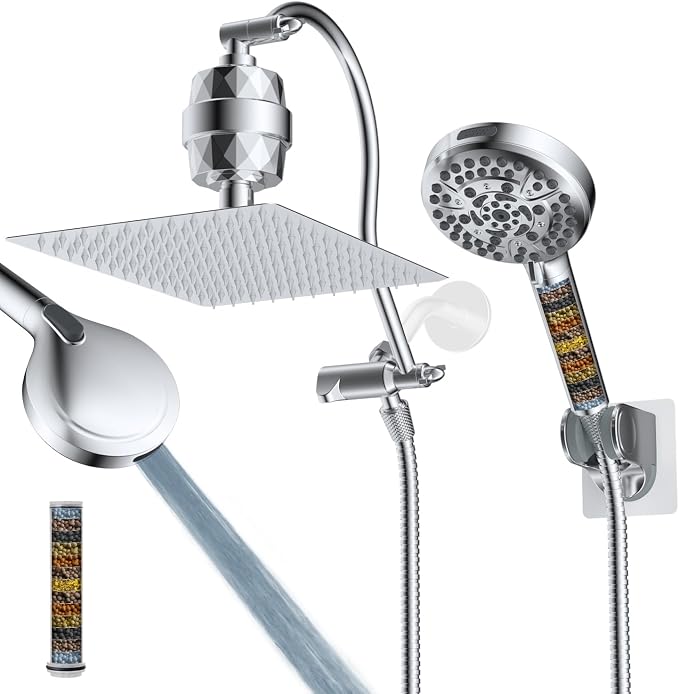 Hibbent All Metal 12'' Dual Filtered Rainfall Shower Head Combo, High Pressure Handheld Shower Head with 12'' Adjustable Curved Extension Arm, 20 Stage Shower Filter, 10-spray, 71'' Hose, Chrome