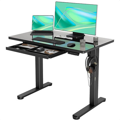 INNOVAR Glass Standing Desk with Drawers, 40 x 24 Inches Electric Height Adjustable Desk, Tempered Glass Top Stand Up Desks for Home and Office, Black