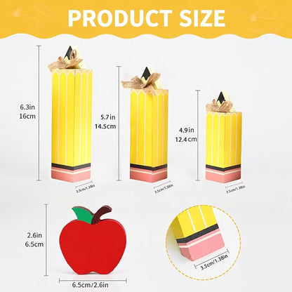 Fangoo 4Pcs Back to School Table Decorations Wooden Pencil Block Stack Sign Red Apple Table Centerpieces First Day of School Tiered Tray Gifts Decor for Home Classroom Teacher Desk Shelf Mantel