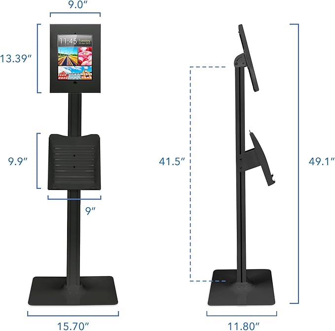 Mount-It! Anti-Theft Floor Stand Compatible with iPad, Contact-Less Kiosk with Universal Enclosure for iPads, Adjustable Locking Secure Tablet Mount for iPad Gen 7 to 10, Pro, Air, Black