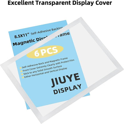 JIUYE 8.5 x 11 Self Adhesive Magnetic Sign Holder,Dual Sides Transparent Magnetic Window Display Frame for Office/Store/School as Shop Notice Frame/Schedule (8.5"x11" 6Pcs, Silver)