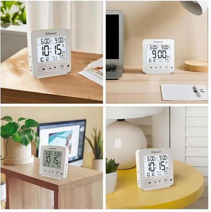 Geevon Atomic Travel Alarm Clock with Auto/8s Backlight, 2 Alarm Settings, Temperature Detect, Increasing Beep Sounds Digital Atomic Travel Clock Battery Operated for Bedroom, Bedside, White
