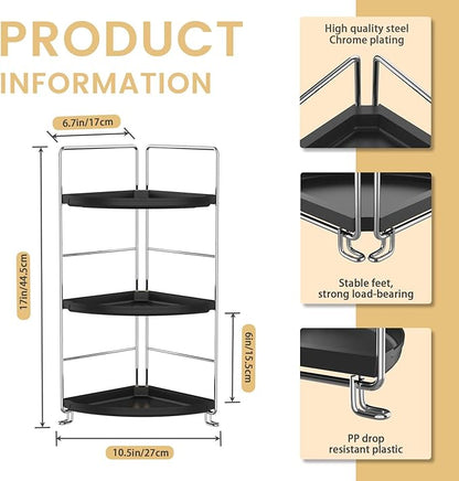 JANUS LiANG 3-Tier Corner Bathroom Organizer Countertop for Storage，Counter Tray and Vanity Organizer，Plastic Counter Organizer for Kithchen, Bathroom, Dresser 10.6 inches (Chrome + Black)