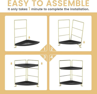 JANUS LiANG 2-Tier Spice Rack Corner Storage Shelf Makeup Organizer Stackable Cosmetic Holder Standing Counter Shelf for Bathroom, Kitchen, Countertop, and Vanity (Gold + Black)