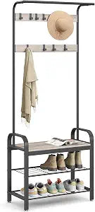 VASAGLE Coat Rack, Hall Tree with Shoe Bench, 4-in-1, 9 Removable Hooks