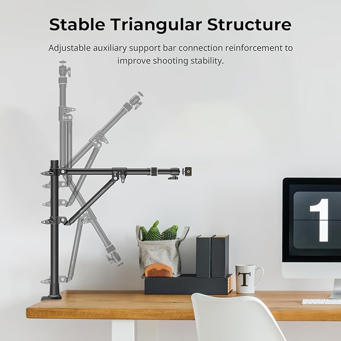 SMALLRIG Triangle Camera Desk Mount, Max. Load 3kg/ 6.6lbs, Overhead Mount with Auxiliary Support Rod, with Phone Holder and Small Ball Head for Camera/Phone/Light/Webcam