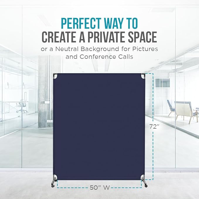 Steel-AID 50-inch Rolling Privacy Room Divider - Freestanding Office Wall Partition with Non See-Through Blackout Screen - Sturdy & Durable Iron Frame - Rolling Wheels - Black, White, Gray & Blue