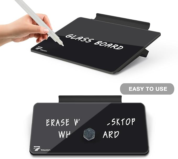 TOWON Small Glass Dry Erase Board, Desk White Board with Standing, Mini Whiteboard Easel Pad Set, Stenography Artifact for Office, Home and School Supplies, 8x6 Inches, Black