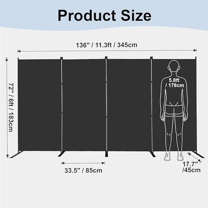 MAYOLIAH 4 Panel Room Divider 6ft Tall Freestanding Privacy Screen 136'' W Portable Office Partition w/Flat Base, Black