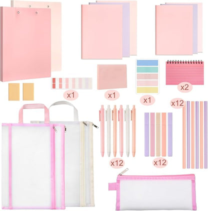 Colarr 54 Pcs Aesthetic College School Supplies Back to School Set,Pink | 3 A5 + 3 B5 Lined Notebook, 12 Gel Pen, 12 Pencil, 12 Highlighter, Sticky Tabs, Folder Storage Bag, Journal Stationery Set
