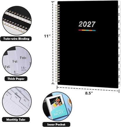 2027 Weekly and Monthly Planner Calendar, January 2027 - December 2027 | 8.5" x 11", Planner 2027 with Monthly Tabs, Spiral Binding, Thick Paper, Storage Pocket - Classic Black